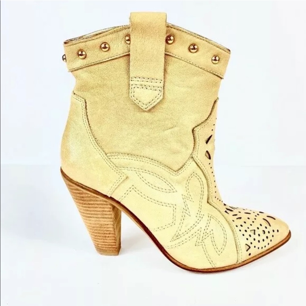 Carlos Santana Spur Beige Leather 4"Heel-Stitching-Ankle Boot Sz 7.5M